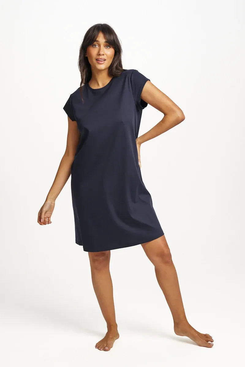 A navy blue supima cotton cap sleeve nightie with short sleeves and a simple round neckline for comfortable sleep