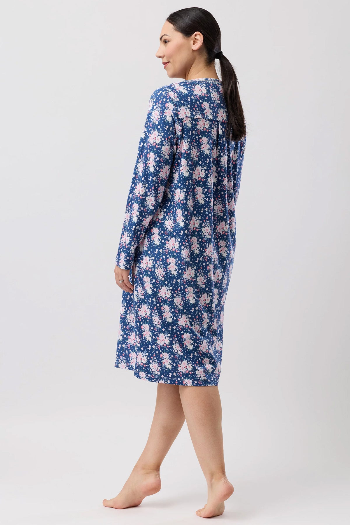 A navy blue bouquet crochet nightie with delicate pink and white floral pattern long sleeves and relaxed fit