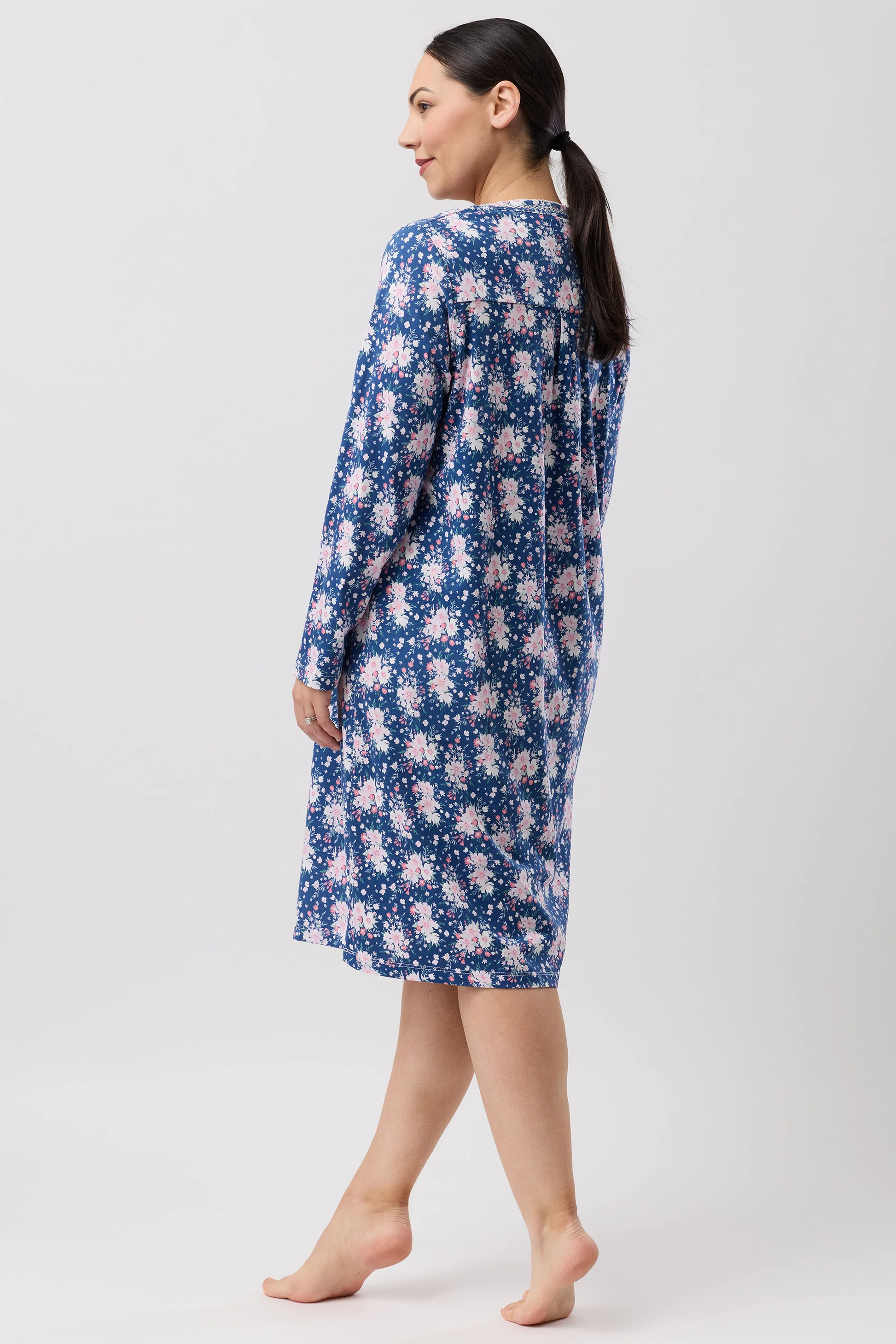 Bouquet Crochet Nightie navy blue floral long-sleeve nightgown