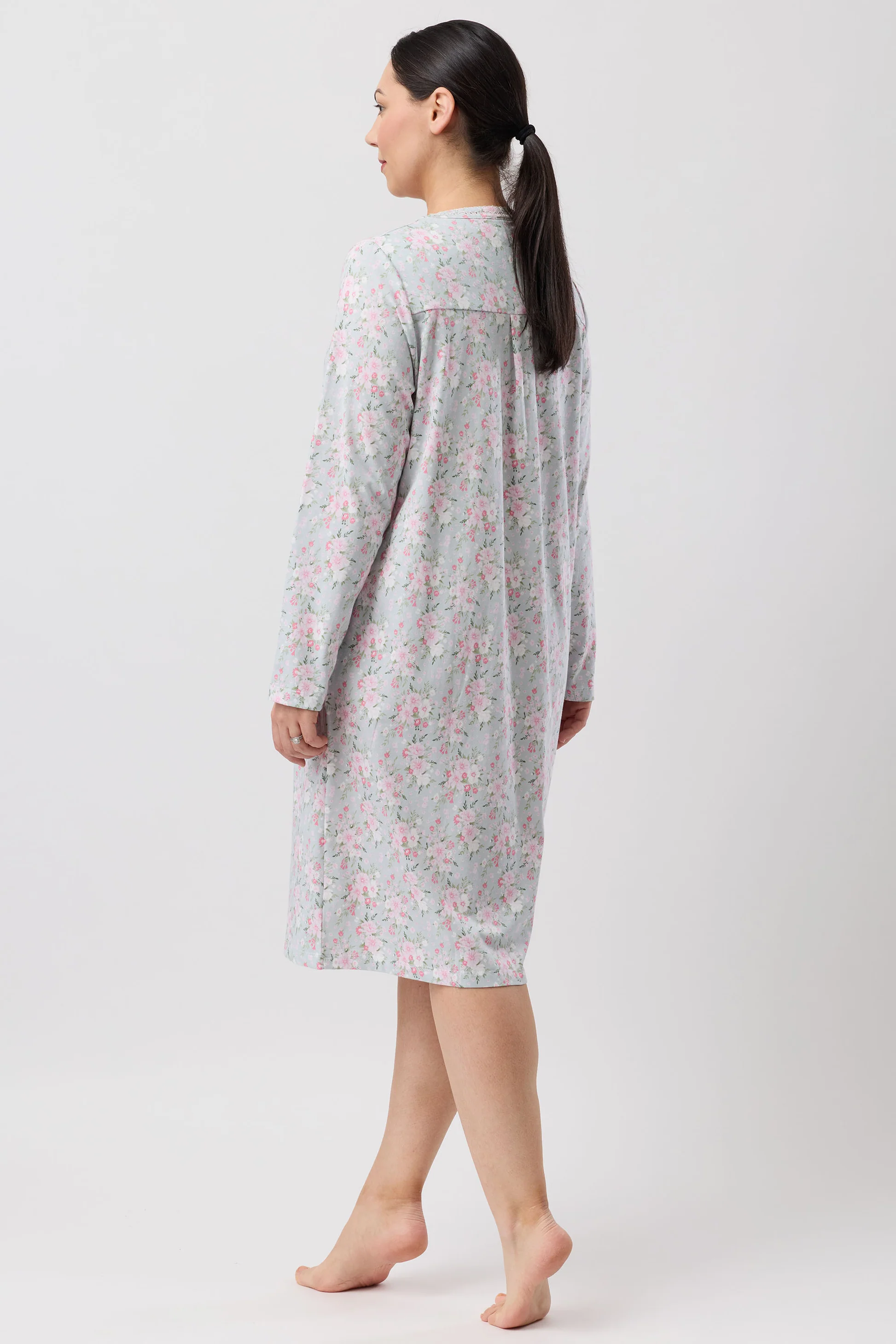 Bouquet Crochet Nightie: soft gray floral gown with long sleeves