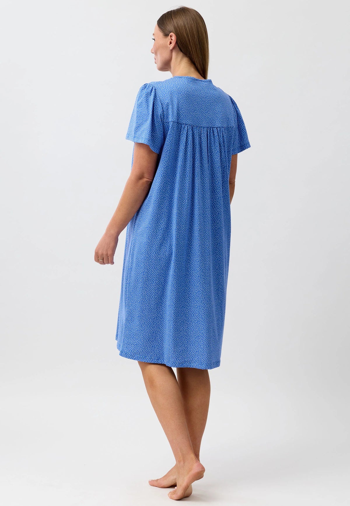 Blue textured confetti short sleeve nightie with puffed sleeves and gathered waist for comfortable sleepwear