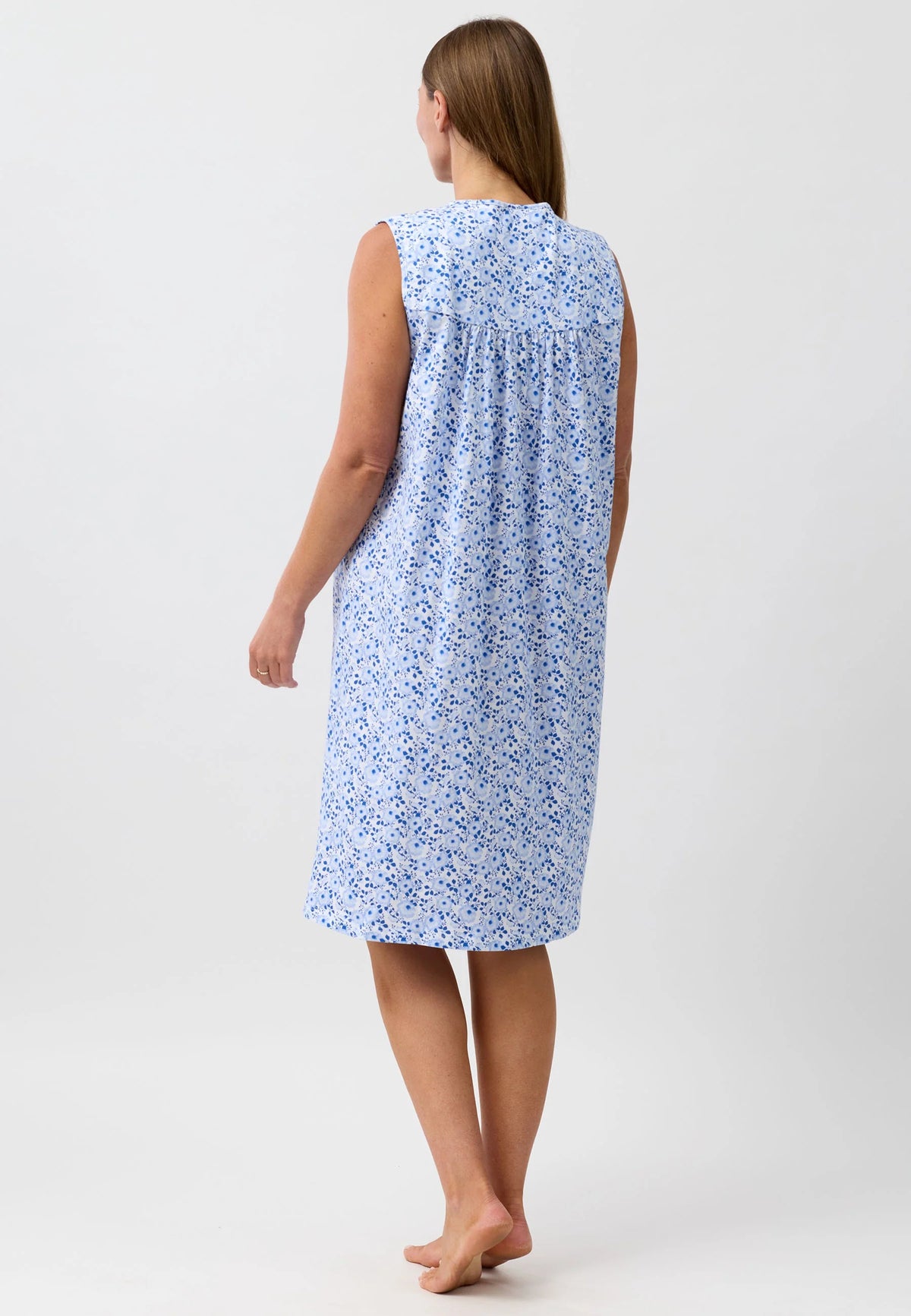 Camellia sleeveless nightie in light blue with a delicate floral pattern and gathered neckline for comfortable sleep
