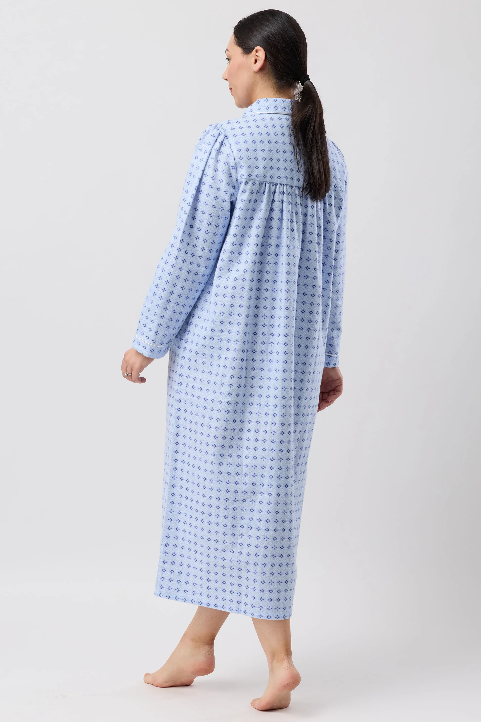Fleur De Lys Collar Nightie in light blue with geometric pattern and long sleeves