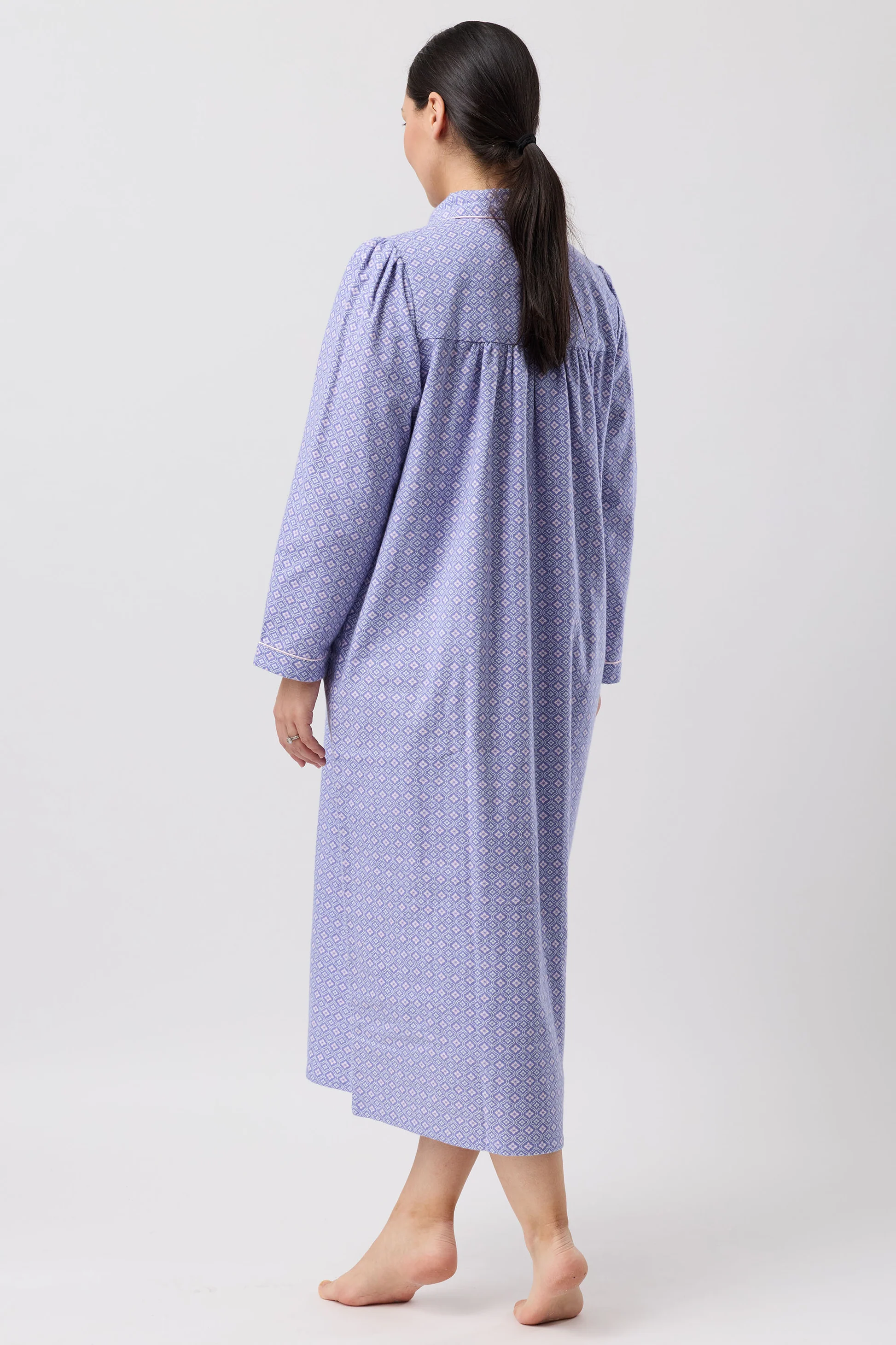 Fleur De Lys Collar Nightie in soft lavender with geometric pattern and puffed sleeves