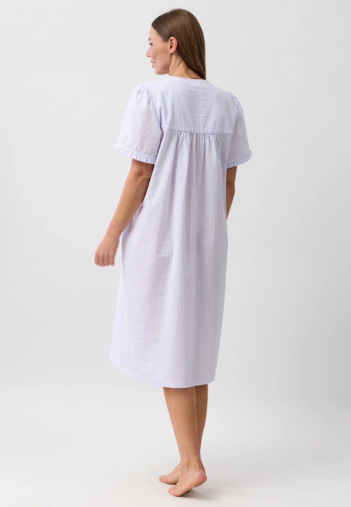 Stripe brunch coat nightgown in soft light blue and white vertical stripes with short puffed sleeves and gathered waist