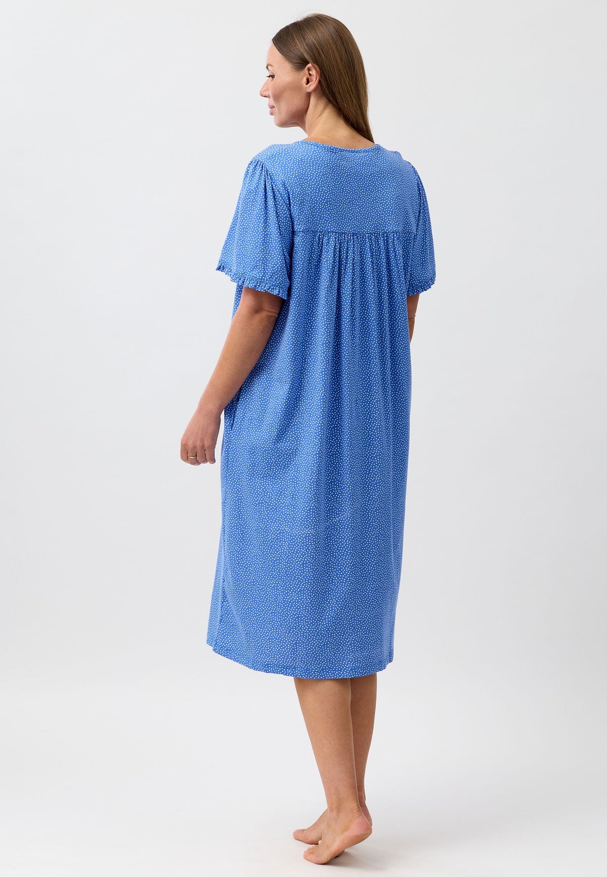 Blue textured nightgown with short puffed sleeves and gathered waist from the confetti brunch coat collection