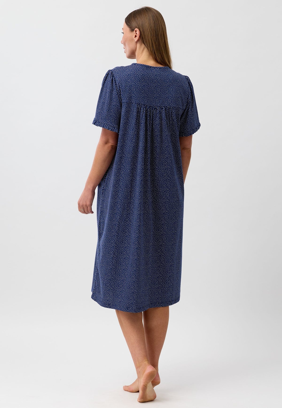 Confetti brunch coat navy blue nightgown with subtle white polka dots and short puffed sleeves