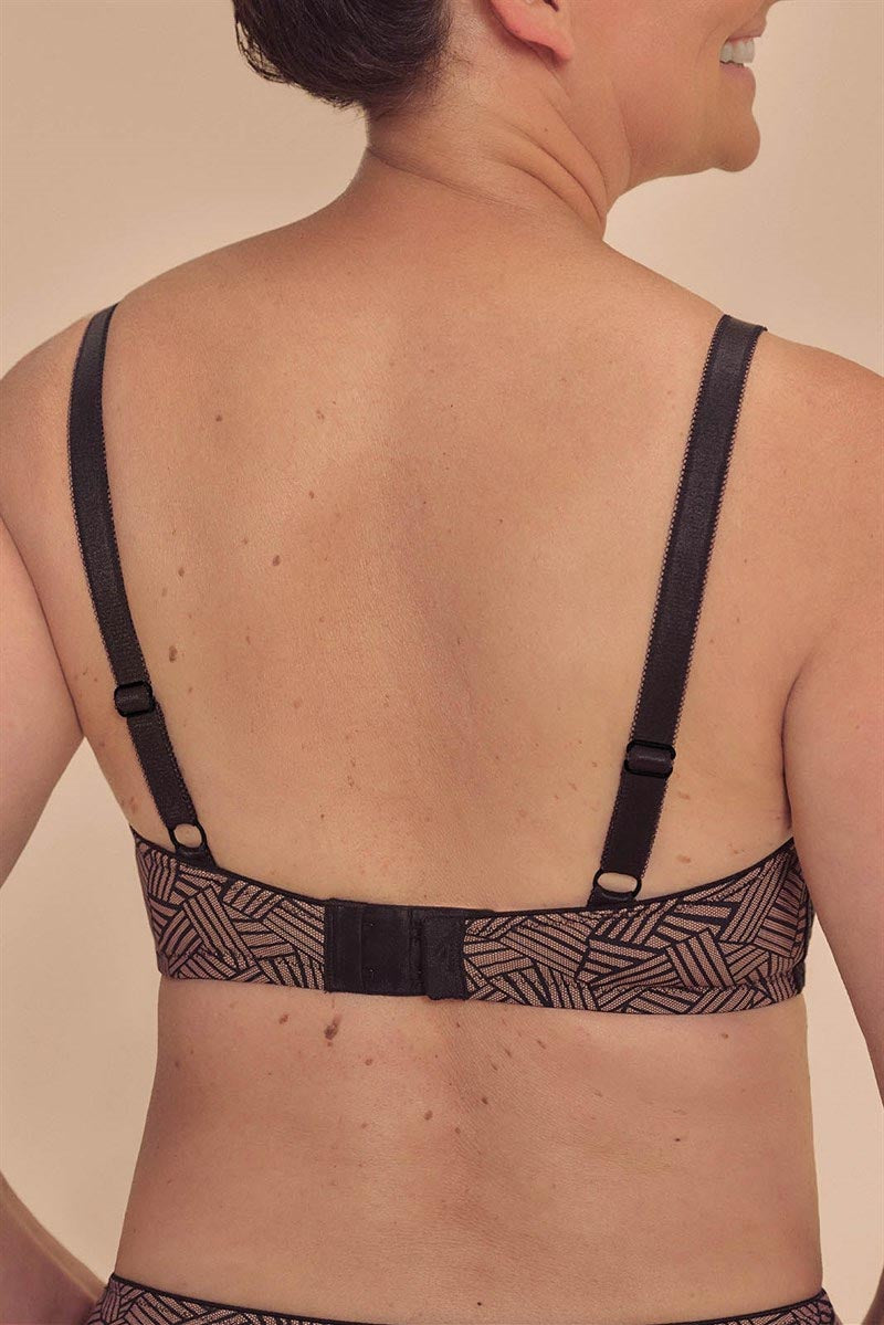 Brooke wire free bra black with gray geometric pattern adjustable straps and central back closure shown from the back