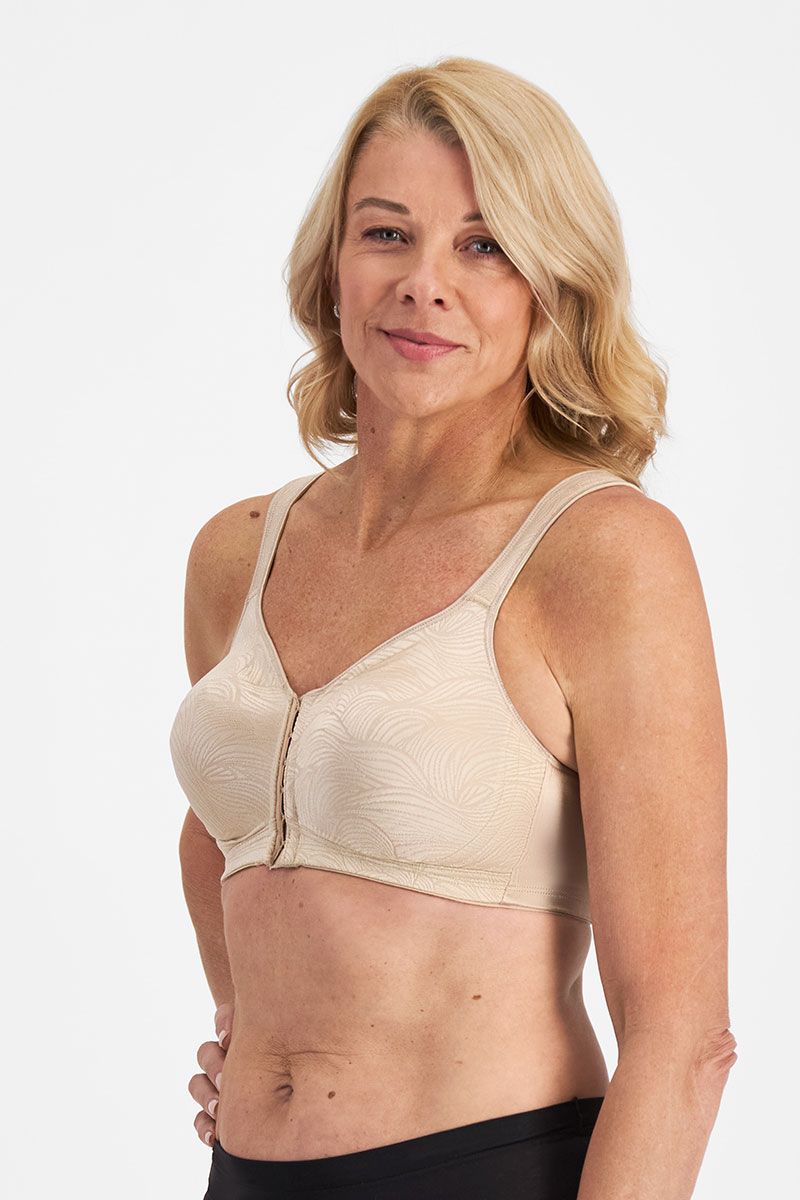 Beige underwire Front Fastening Posture bra with leaf pattern and front zipper