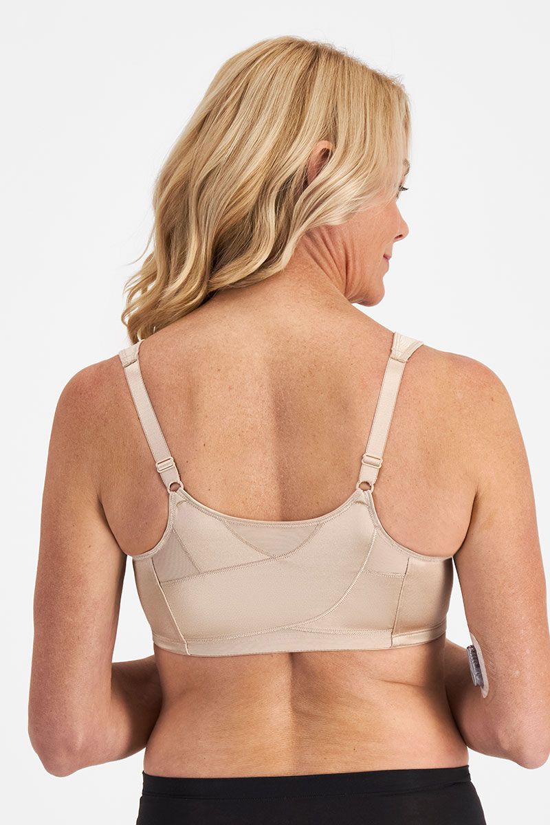 Beige supportive front-fastening posture bra with adjustable straps