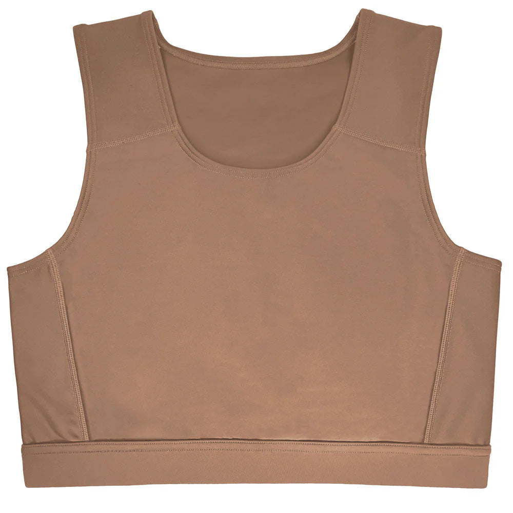 Tan sleeveless compression top sports bra with seamless construction