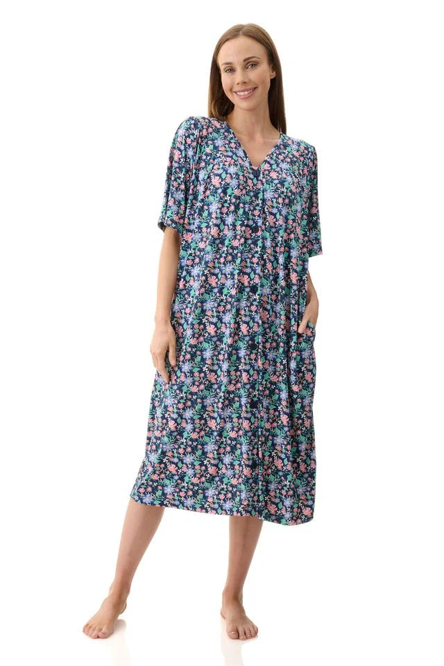 Tammy brunch coat navy blue floral nightgown with short sleeves v-neckline pink and teal blossoms across fabric