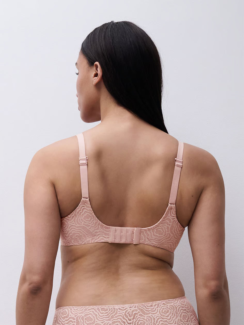 C jolie comfort convertible t-shirt bra is a delicate pink lace bra with a subtle floral pattern and adjustable straps