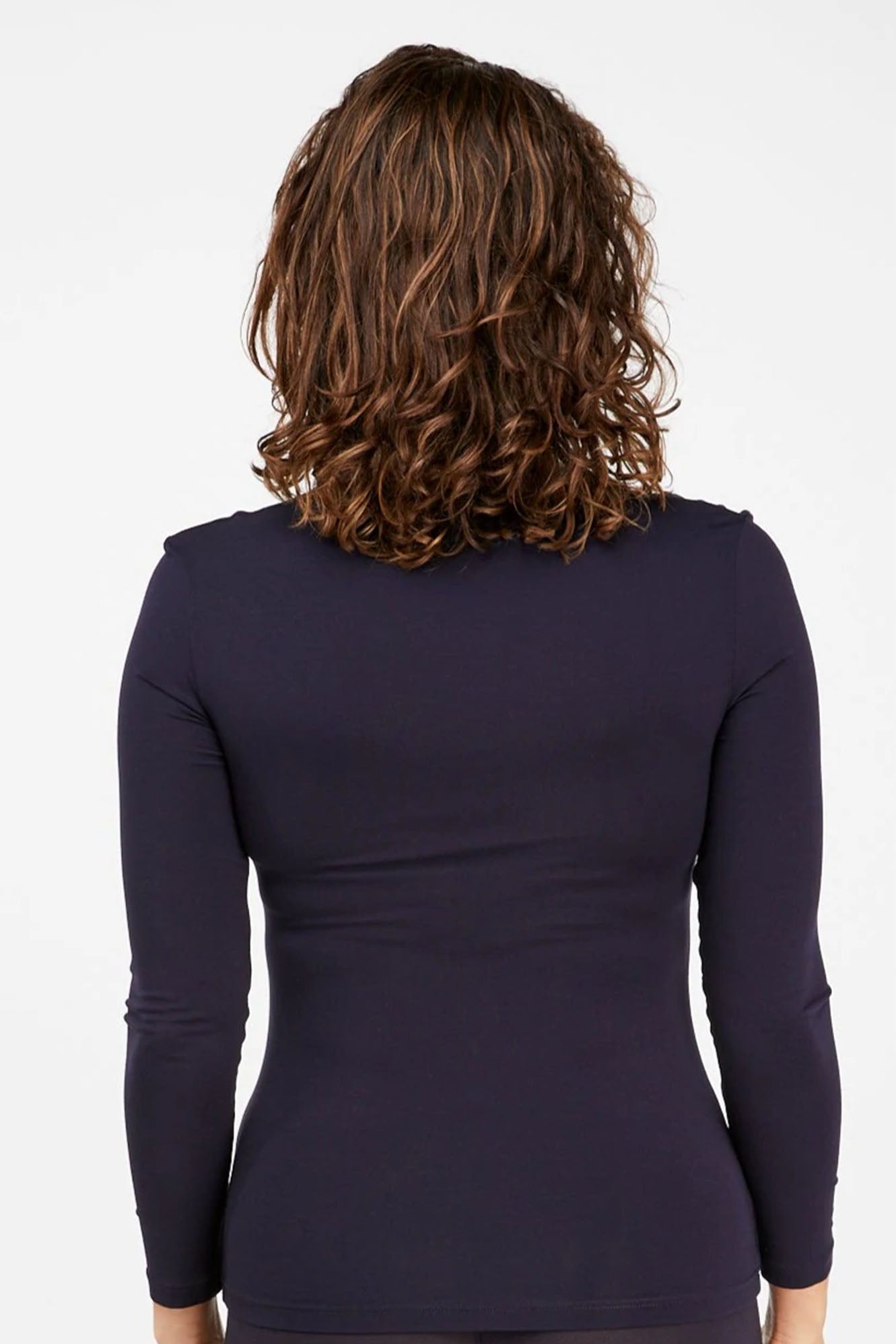 Woman wearing French Navy Tani Long Sleeve Scoop Neck Tee 79350 back view