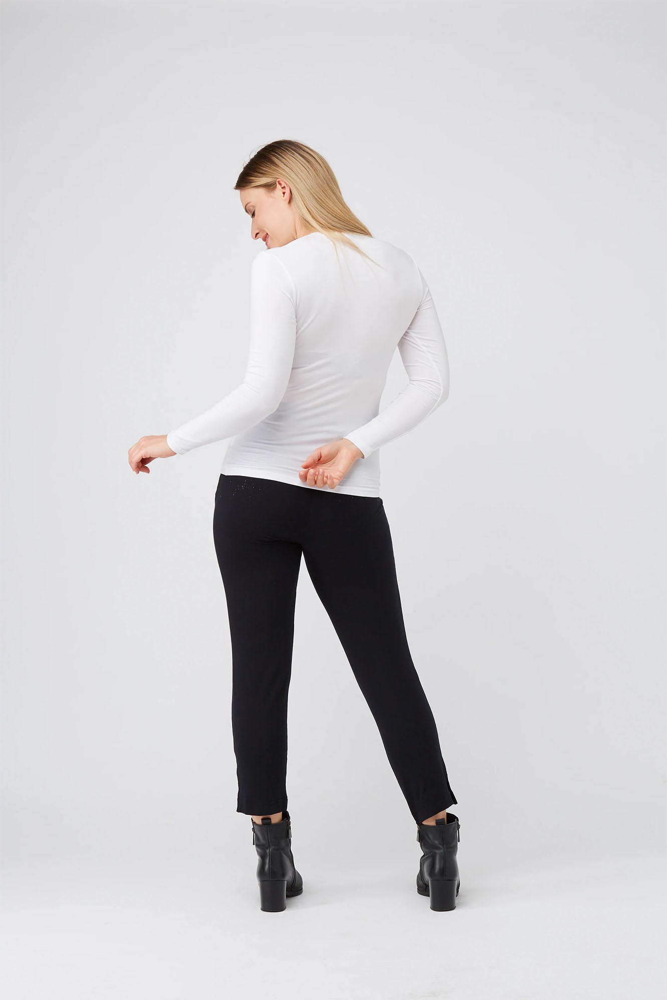 Woman wearing White Tani Long Sleeve Scoop Neck Tee 79350 back view