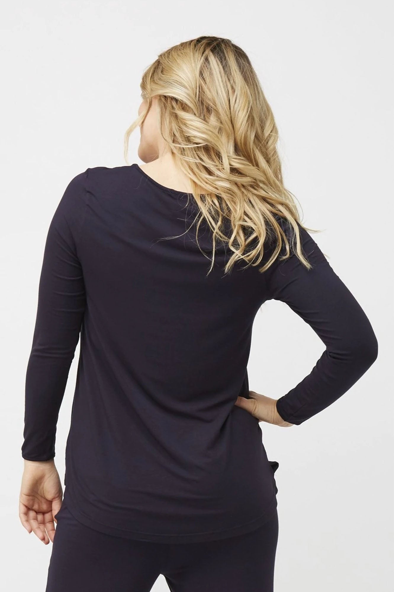Woman wearing Tani Split Hem Relax Top 79410 in french navy back view