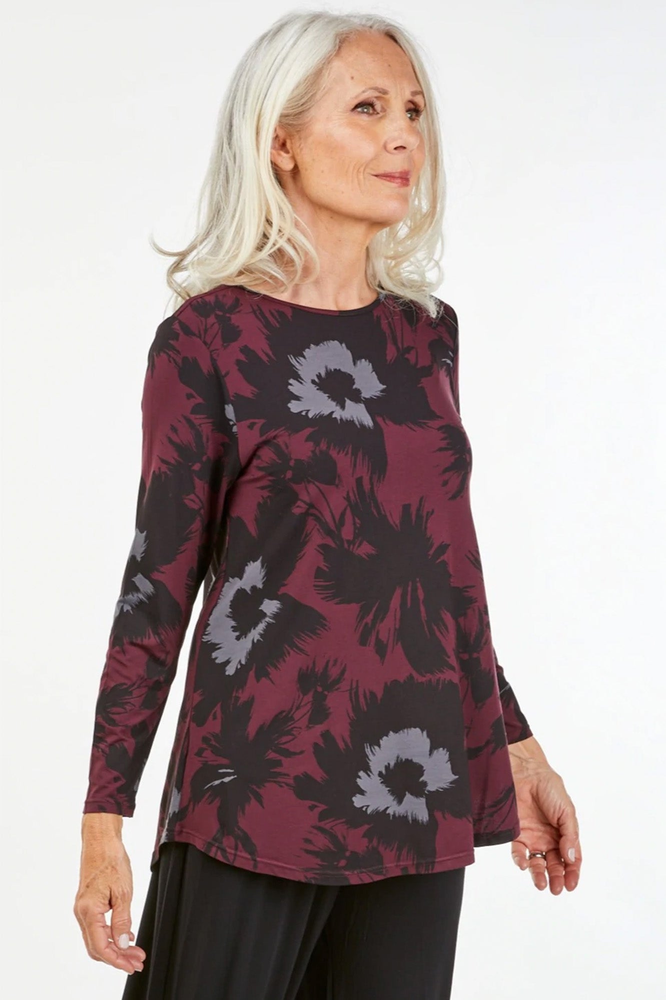 Older woman wearing Tani 79767 Cara Long Sleeve in Bloom Print